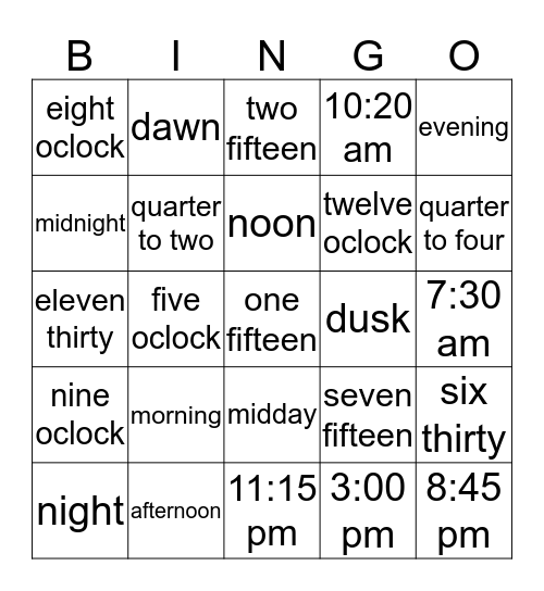 time of day Bingo Card