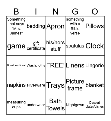 Jessica's Bridal Bingo Card