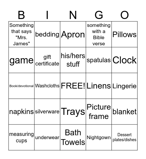 Jessica's Bridal Bingo Card