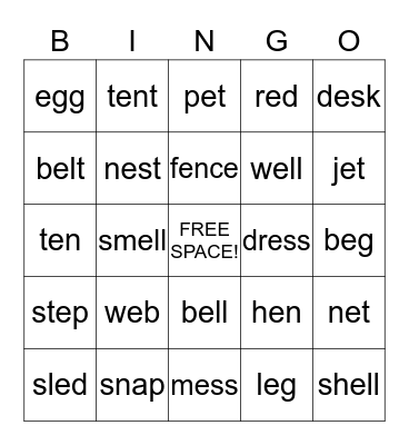 Phonics Short e Bingo Card