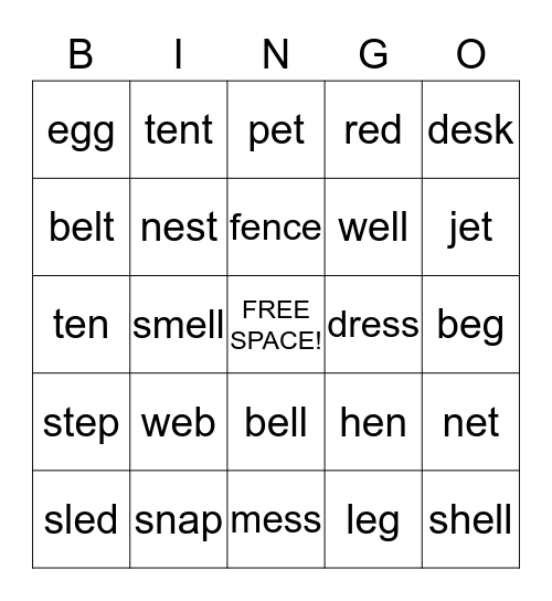 Phonics Short e Bingo Card