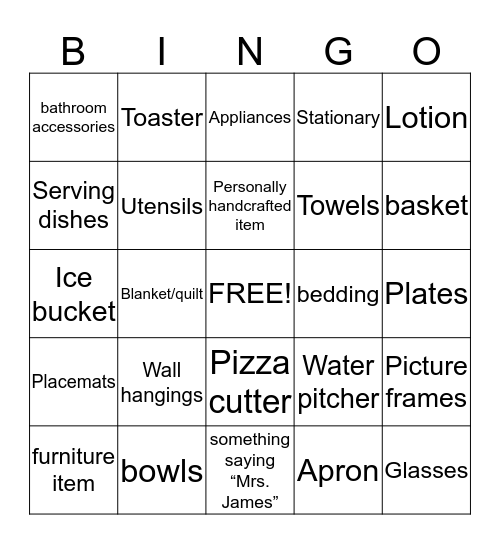 Jessica's Bridal Bingo Card