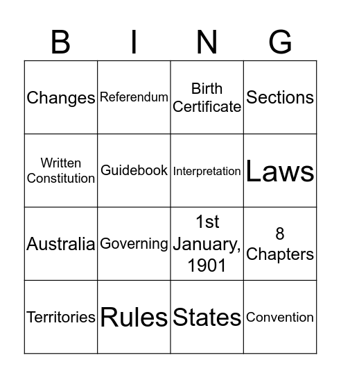 Australian Constitution Bingo Card