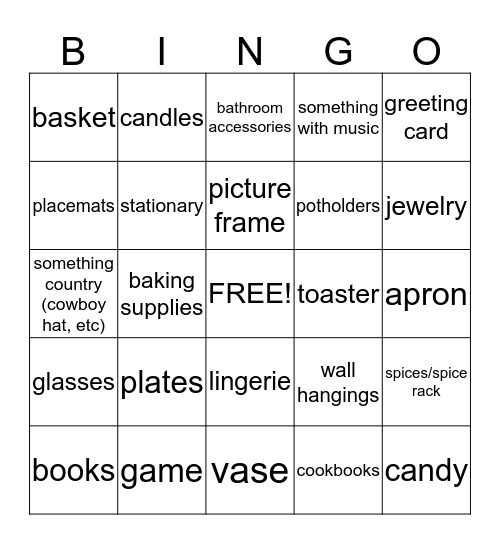 Jessica's Bridal Bingo Card