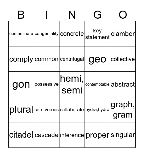 Vocabulary 3 Bingo Card