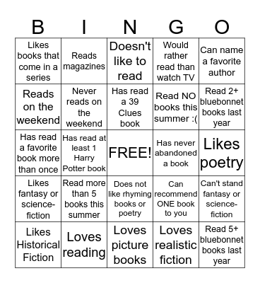 Reading Bingo Card