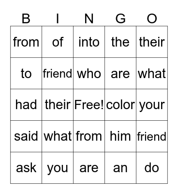 Sight Words Bingo Card