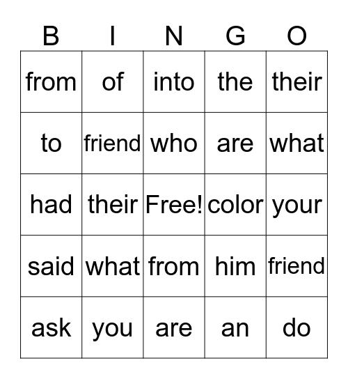 Sight Words Bingo Card