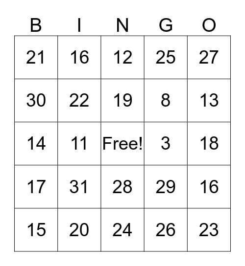 French Numbers to 31 Bingo Card