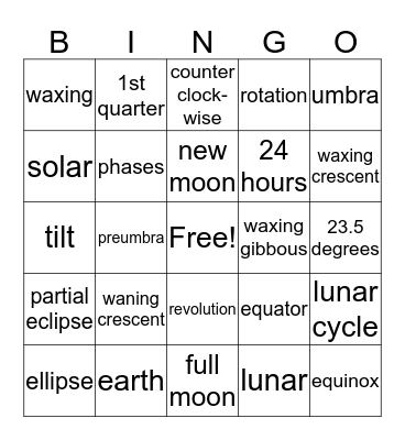 Sun, Earth, Moon Bingo Card