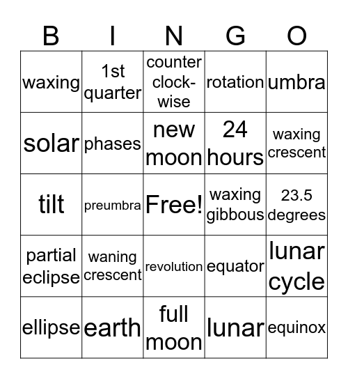 Sun, Earth, Moon Bingo Card