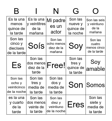 ¿qué hora es? and present tense of ser Bingo Card