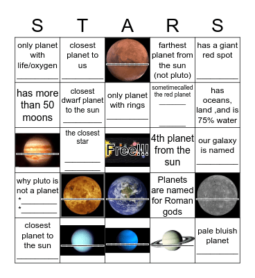 Solar System Bingo  Bingo Card