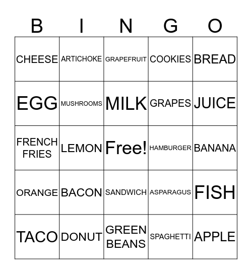 FOOD BINGO Card