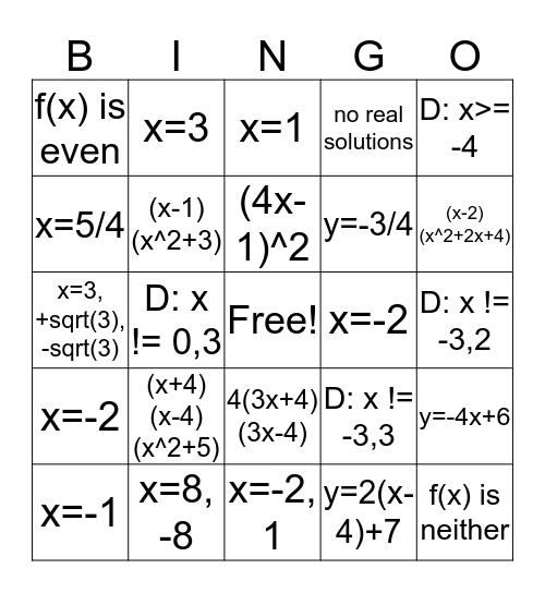 Calculus Review Bingo Card