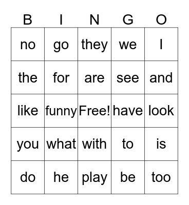 High frequency word bingo Card