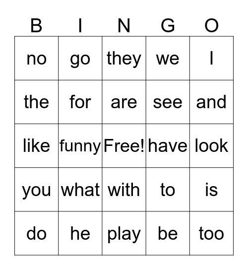 High frequency word bingo Card