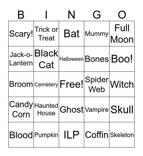 ILP Halloween Bingo!! Bingo Card