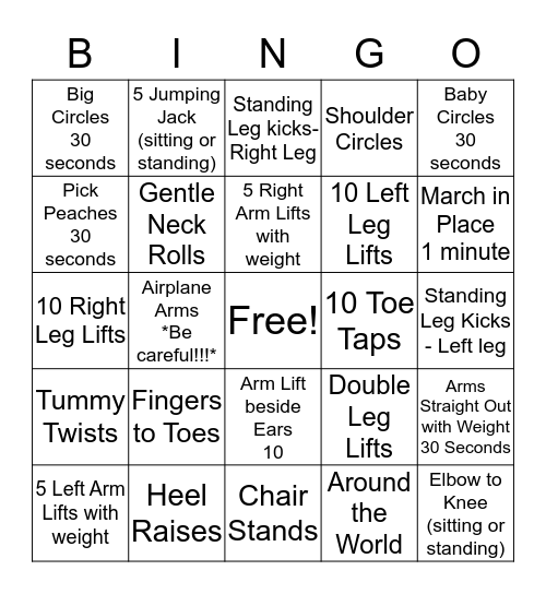 Let's Get Physical Bingo Card