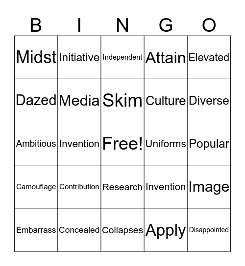 Vocabulary Words  Bingo Card