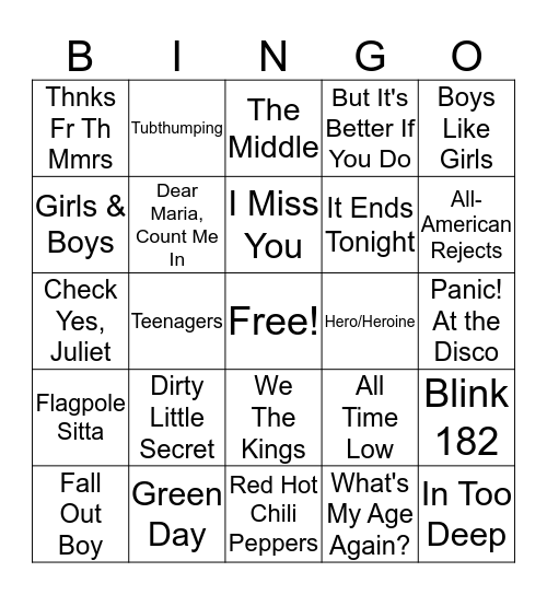 Alternative Music  Bingo Card