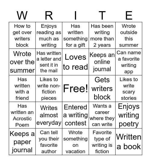 Writers Workshop Bingo Card