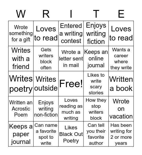 Writers Workshop Bingo Card