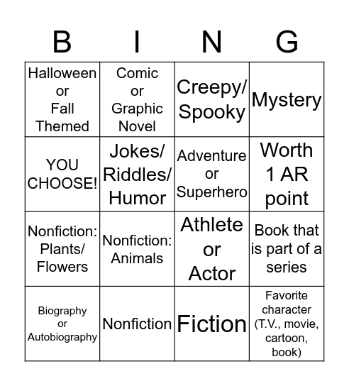 4th Grade October Bingo Card