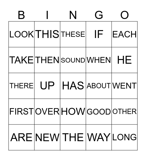High Frequency Word Bingo Card
