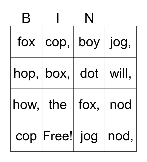Short 'O' Bingo  Bingo Card