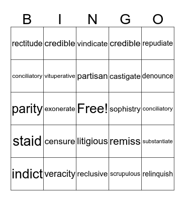 Vocabulary Bingo Card