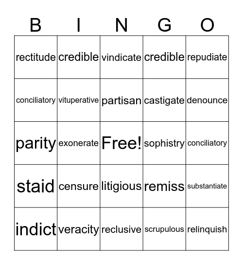 Vocabulary Bingo Card