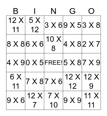 Multiplication Bingo Card