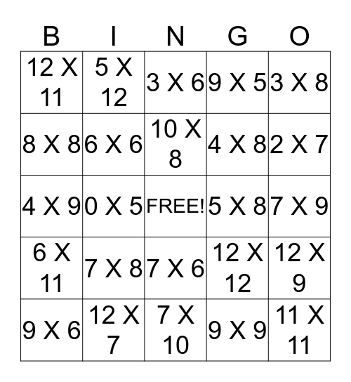 Multiplication Bingo Card