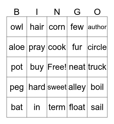 Can you find the vowel sounds in these words? Bingo Card