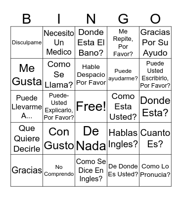 Spanish Bingo Card