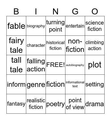 Reading Terms Bingo Card