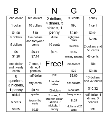 Money Bingo Card