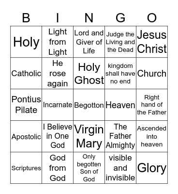 Nicene Creed Bingo Card
