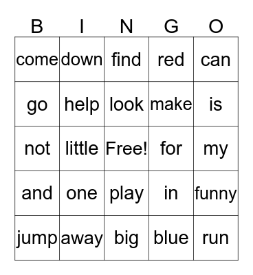 Pre-Primer Bingo Card