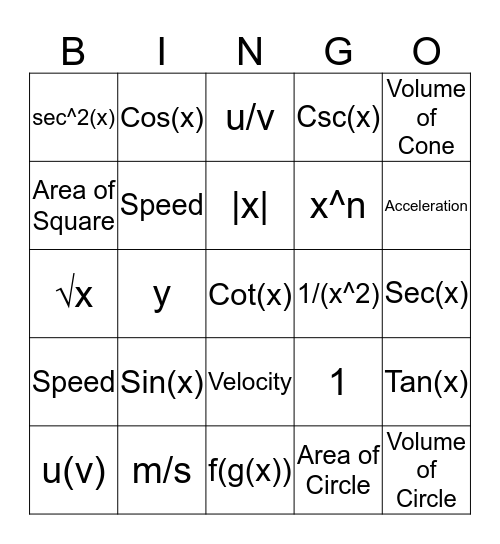 Derivative Bingo Card