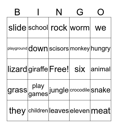 E1 Reading Words Bingo Card