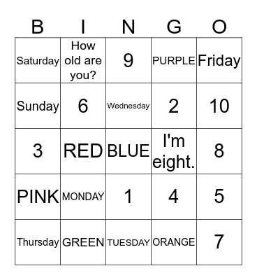 Bingo: Colors Days Numbers Bingo Card