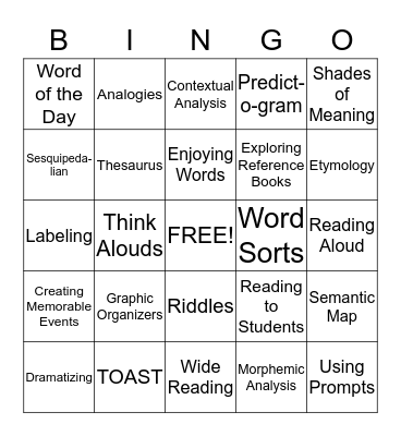 Vocabulary Bingo Card