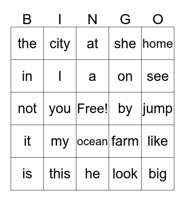 Sight Word Bingo Card