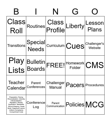 Class Prep Bingo Card