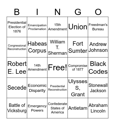 Civil War and Reconstruction Bingo Card