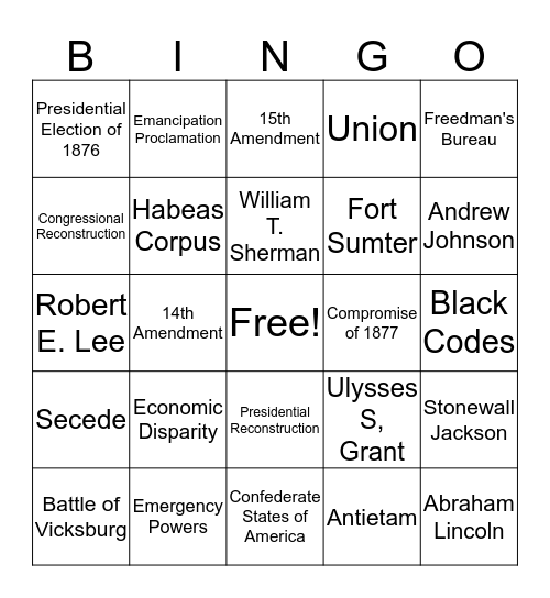 Civil War and Reconstruction Bingo Card