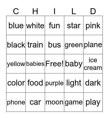 Toddler Bingo  Bingo Card