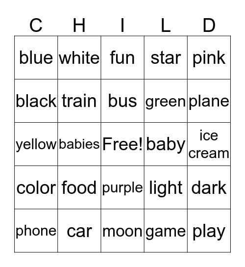Toddler Bingo  Bingo Card